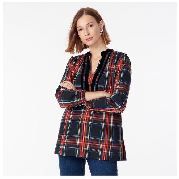 Velvet-trimmed V-neck tunic-black Stewart tartan - Picture 4 of 4